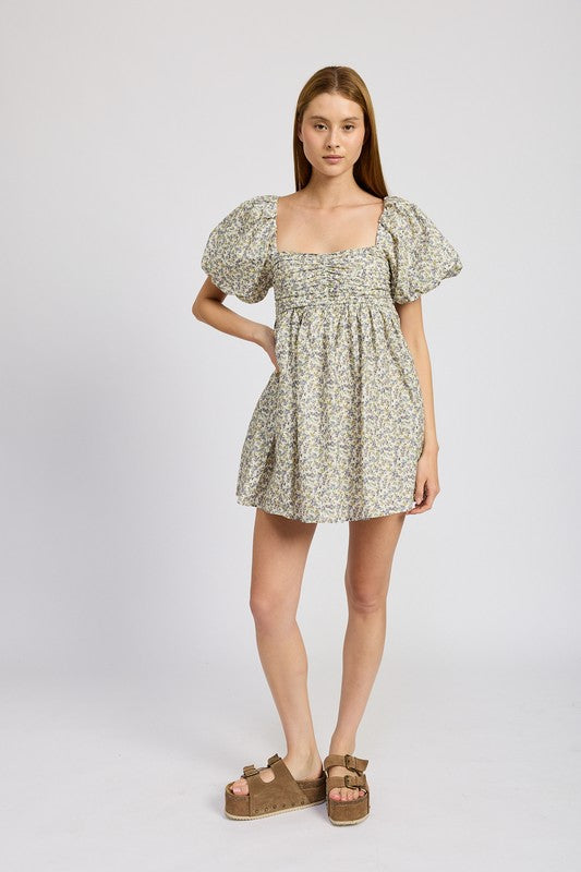 Squared Neck Ruched Mini Dress
