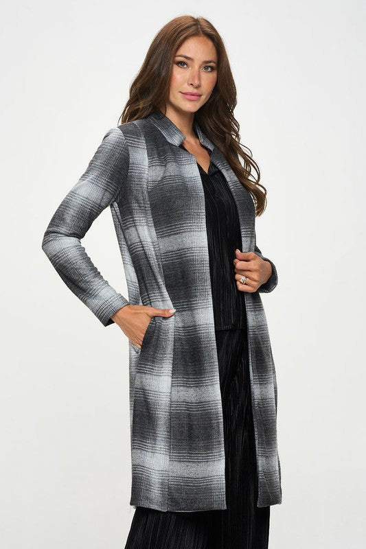 Plaid Open Front Coat with Collar