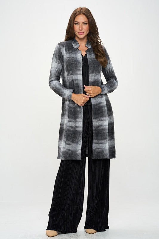 Plaid Open Front Coat with Collar