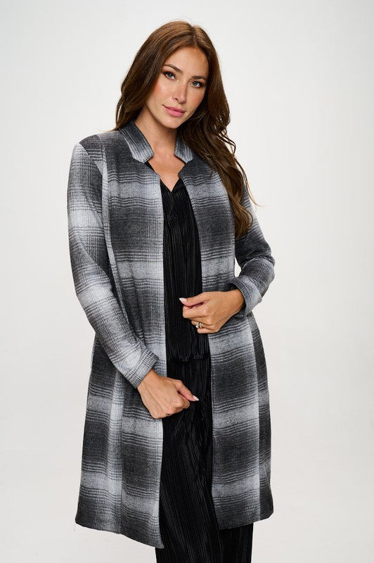 Plaid Open Front Coat with Collar