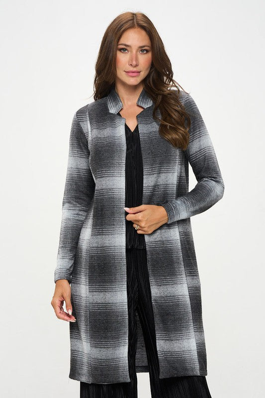 Plaid Open Front Coat with Collar