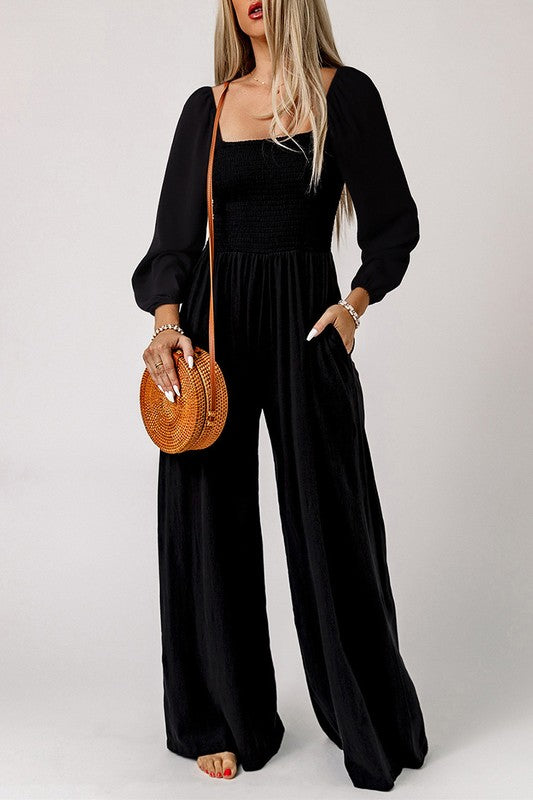 Square Neck Long Sleeve Wide Leg Jumpsuit