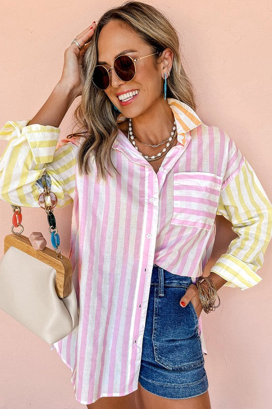 Women Stripe Collar Long Sleeve Patchwork Shirt