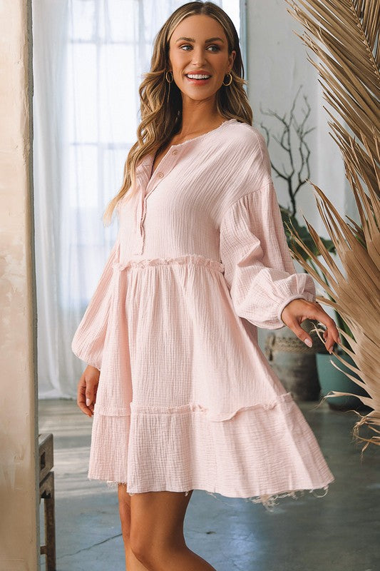 Crinkle Distressed Puff Sleeve Flared Dress