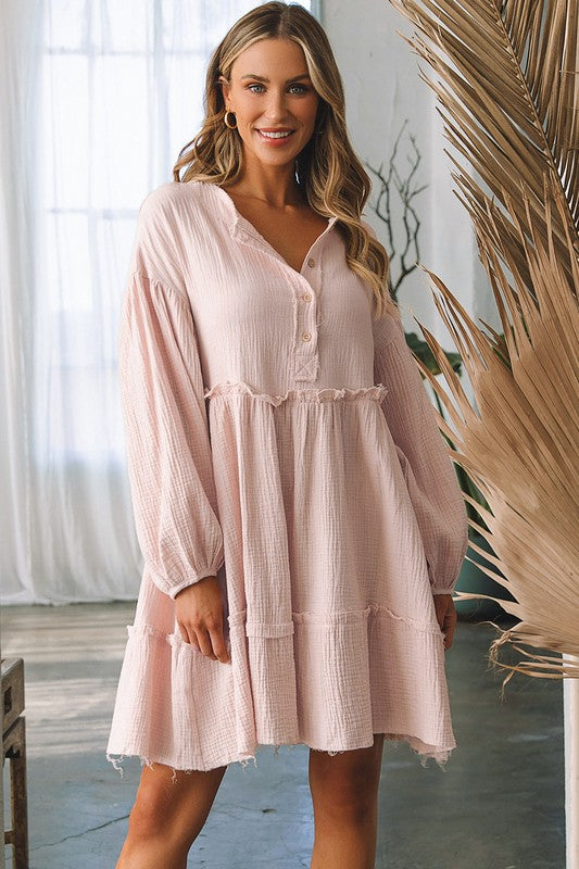 Crinkle Distressed Puff Sleeve Flared Dress